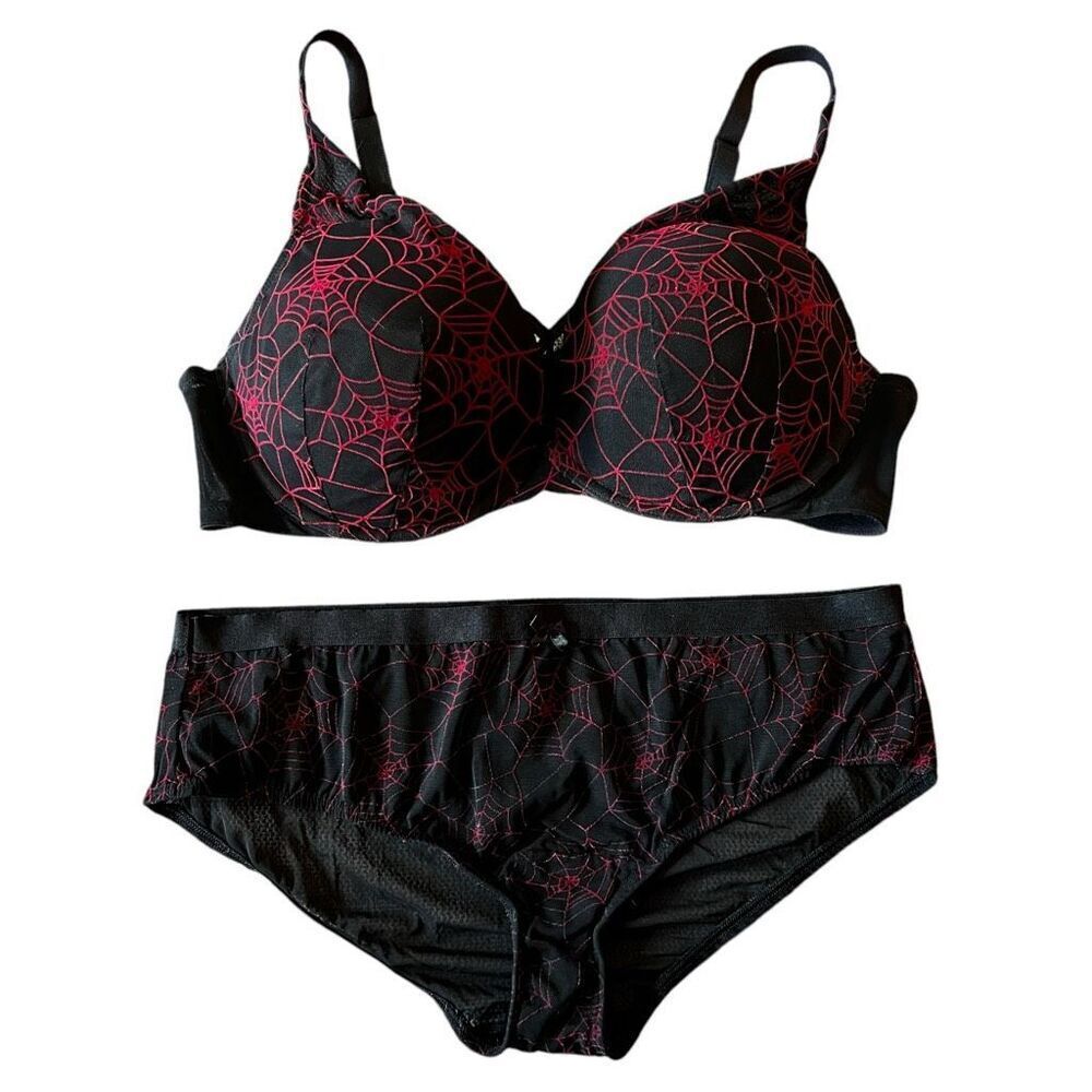 Torrid Womens Size 40D Underwire Spiderweb Print Bra & Large Mesh Hipster Panty